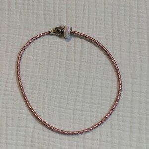 Genuine PANDORA Pink LEATHER Double Charm BRACELET W/Breast Cancer Charm